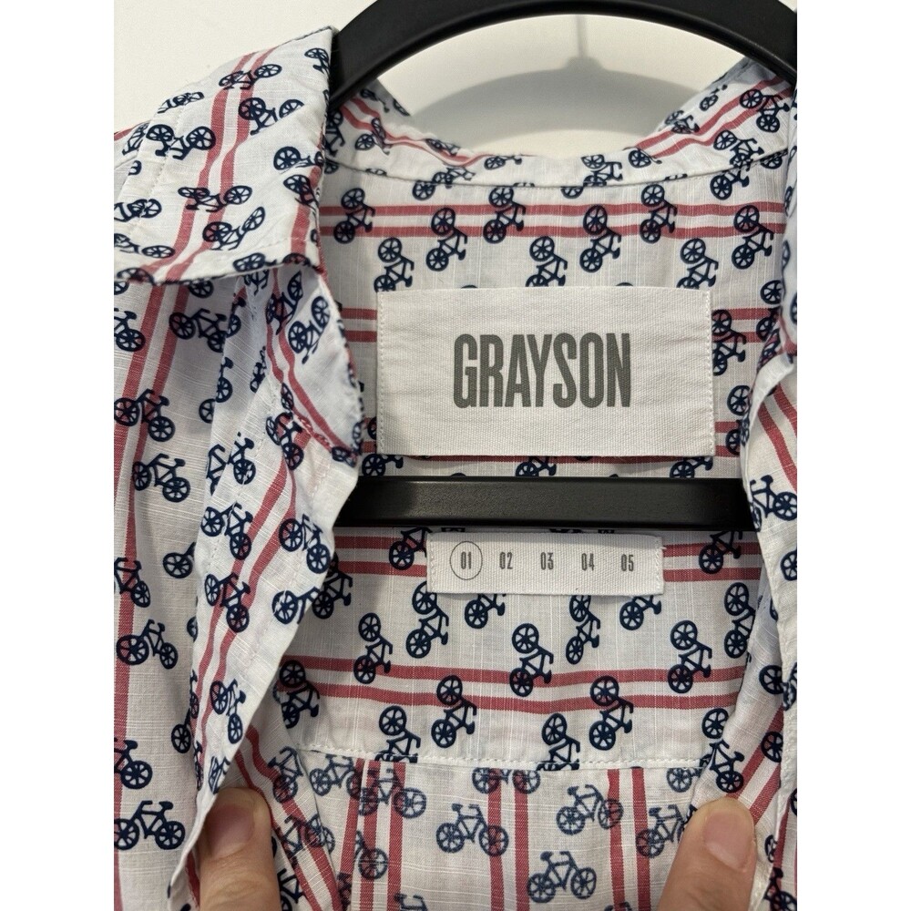 Grayson EUC The Hero 01 XS Button-up Shirt Top Striped Bicycle Print White Red - Picture 3 of 11